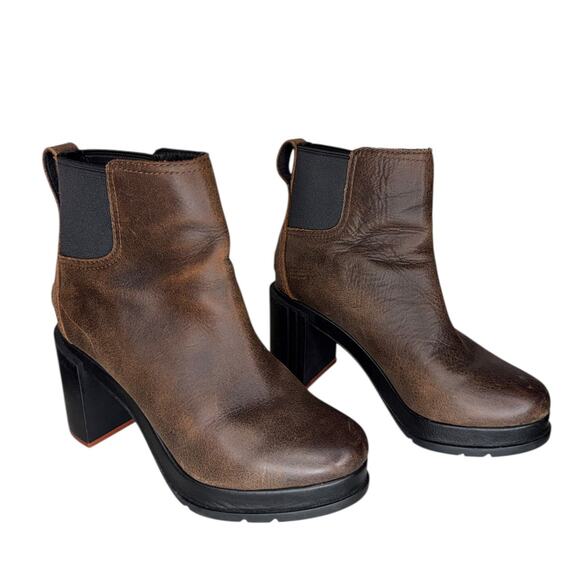 Sorel Blake Chunky Block Heel Brown Leather Chelsea Heeled Boots Size 6.5 - Picture 3 of 11